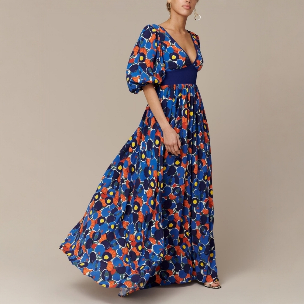 STAUD Orange and Blue Puff Sleeve Maxi Dress